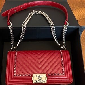 Chanel Red Chevron Quilted Shoulder Bag